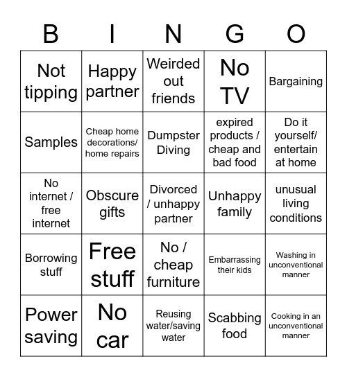 Extreme Cheapskates Bingo Card