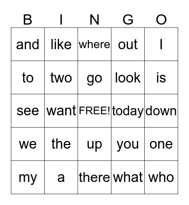 Star Word Bingo Card