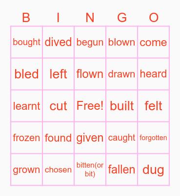 Irregular Verbs  Bingo Card