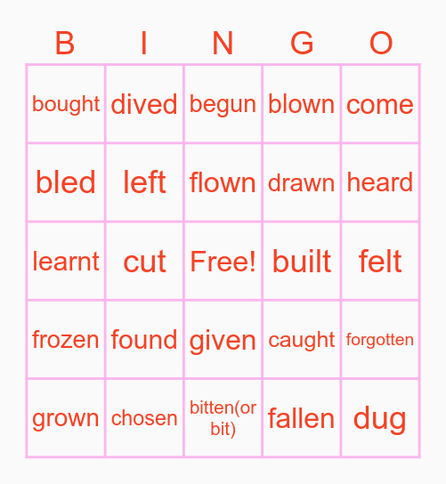 Irregular Verbs  Bingo Card