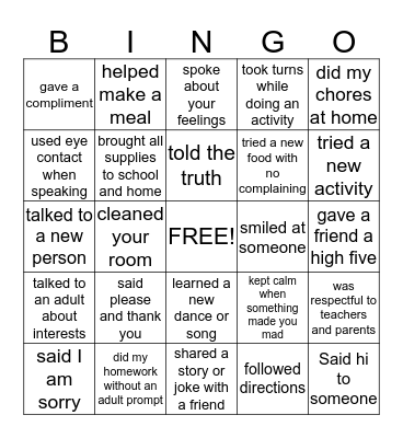Character Counts Bingo Card