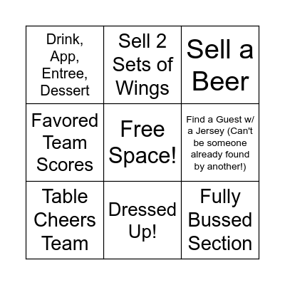 Server/Bar Bingo Card