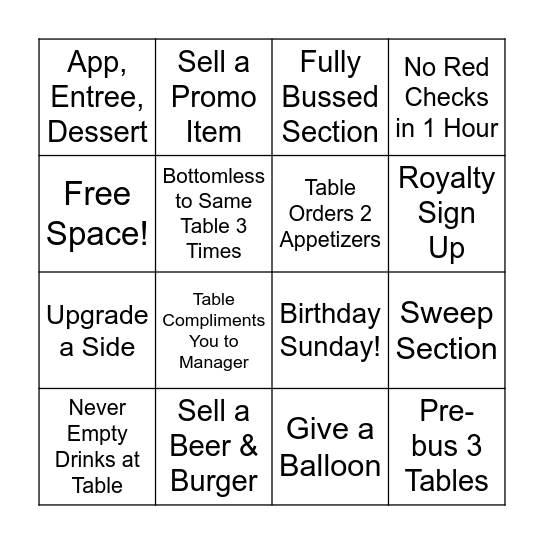 Server/Bartender Bingo Card