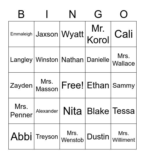 Grade 1 and 2 Friends Bingo Card