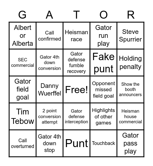 Baltimore Gator Club Bingo Card