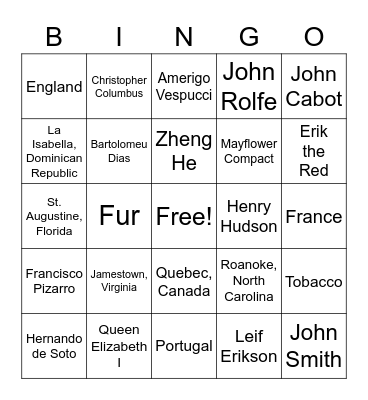 Explorers and Settlements Bingo Card