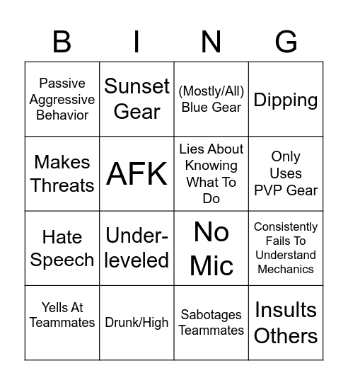 The Destiny Raid LFG Bingo V1.0 Bingo Card