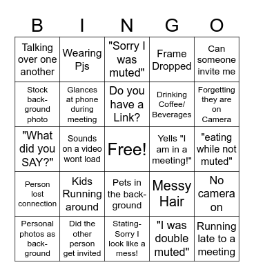 Teams Meeting Actions and Phrases Bingo Card