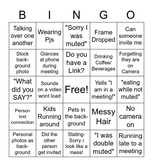 Teams Meeting Actions and Phrases Bingo Card