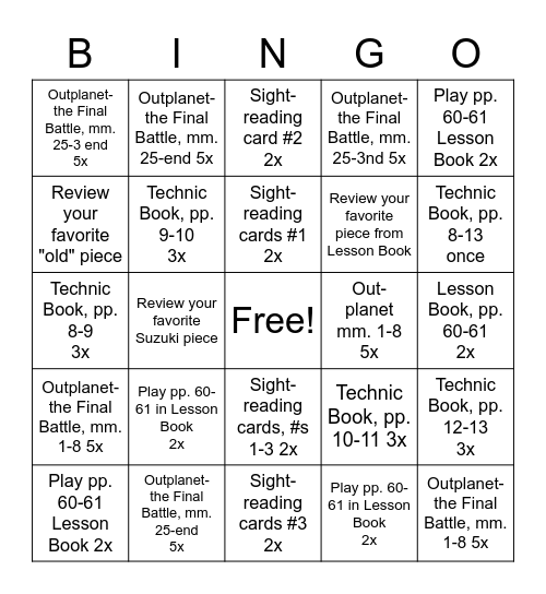 Grant's Bingo Practice Card Bingo Card