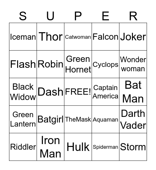 Super Heroes Bingo Card