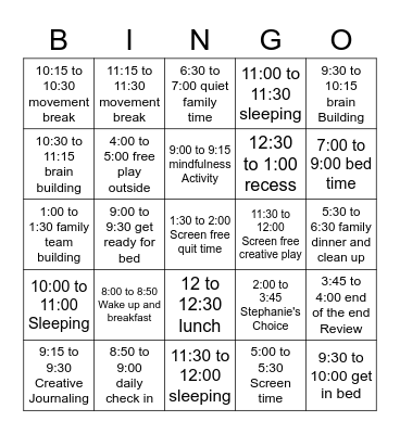 morning and Night time Bingo Card