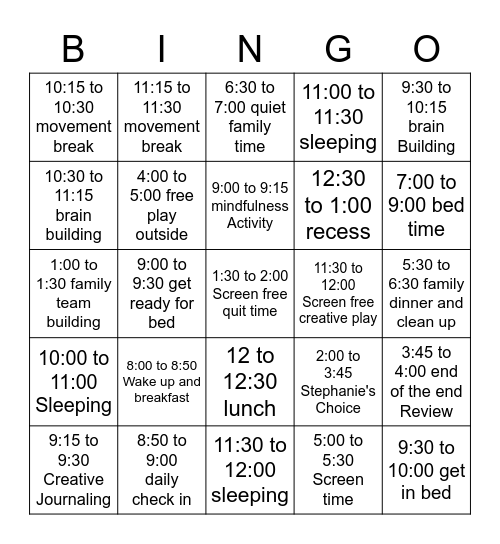 morning and Night time Bingo Card