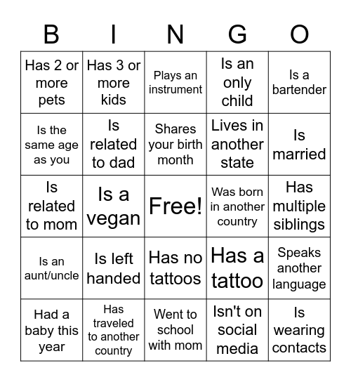 Find The Guest Bingo Card
