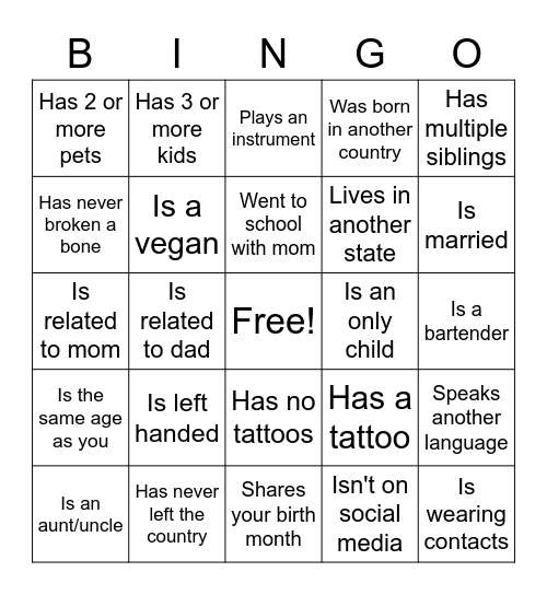 Find The Guest Bingo Card