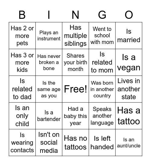 Find The Guest Bingo Card