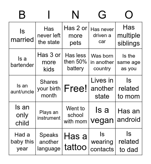 Find The Guest Bingo Card