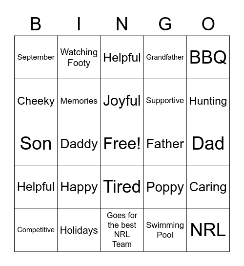 Fathers Day Bingo Card