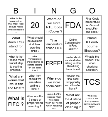 FOOD SAFETY BINGO Card