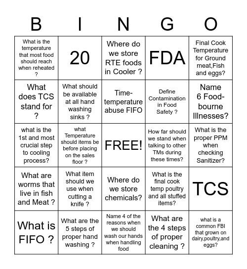 FOOD SAFETY BINGO Card