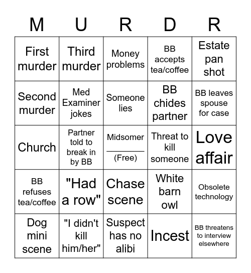 Midsomer Murders Bingo Card