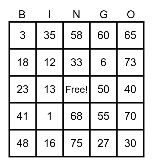 Bingo card 1 Bingo Card