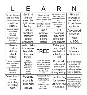 Standards of Learning Bingo Card