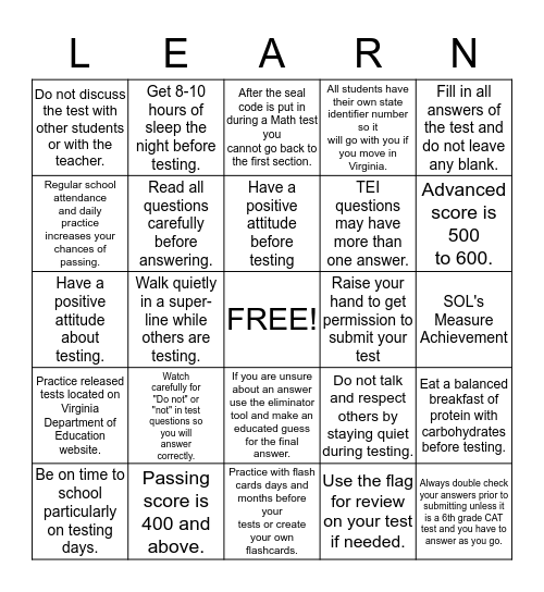 Standards of Learning Bingo Card