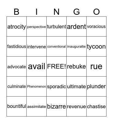 Vocabulary Review Bingo Card