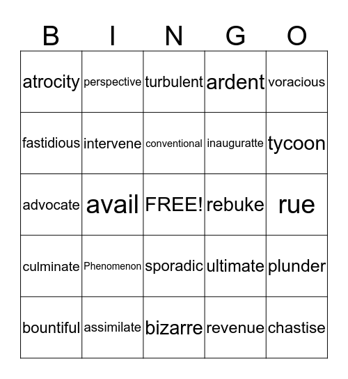 Vocabulary Review Bingo Card