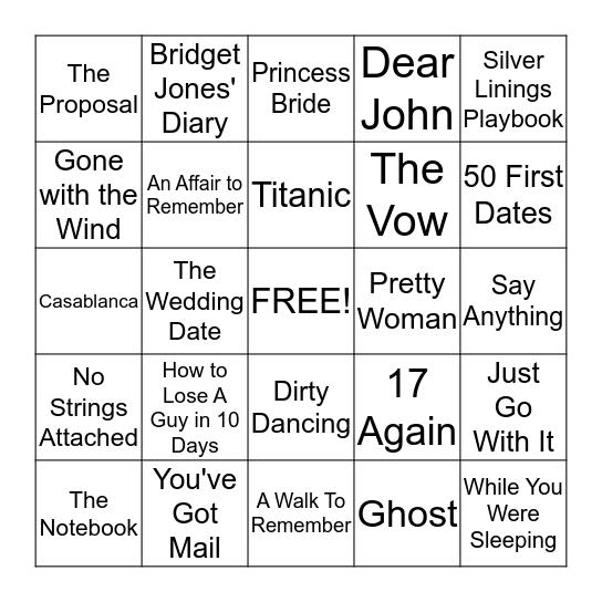 Romance/Romantic Comedy Bingo Card