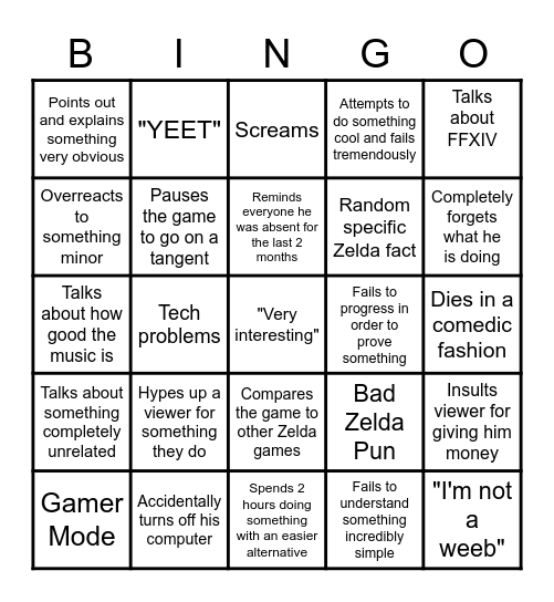 Maco Zelda Stream Bingo Card
