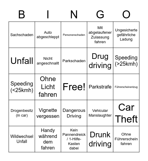 Wurzers Auto Erlebnistour Bingo Card