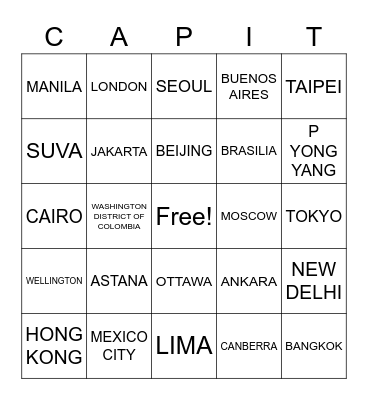 CAPITALS Bingo Card