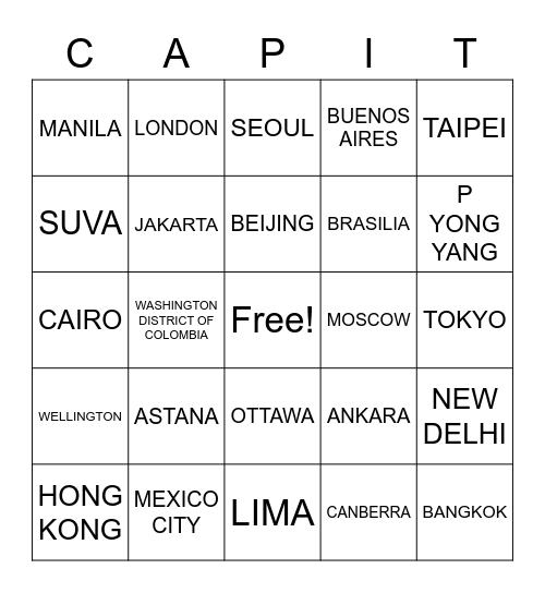 CAPITALS Bingo Card