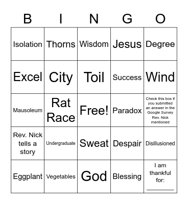 September 5th, 2021 Sermon Bingo Card