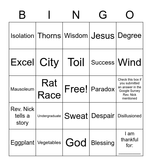 September 5th, 2021 Sermon Bingo Card