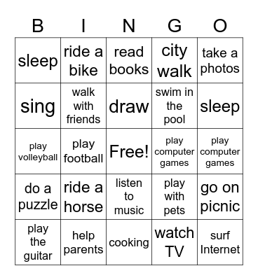 Spare Time Bingo Card