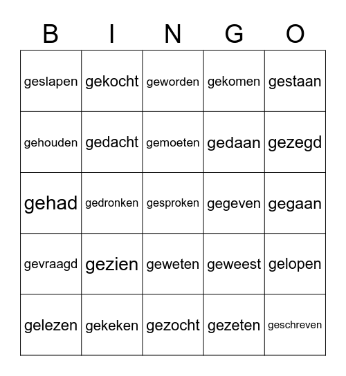 werkwoorden vvt Bingo Card