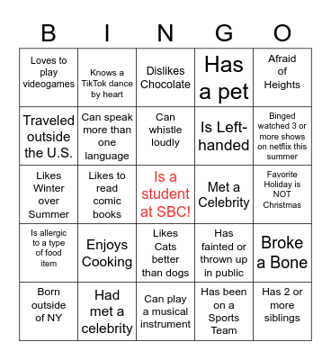 SBC First Day Introduction Bingo Card