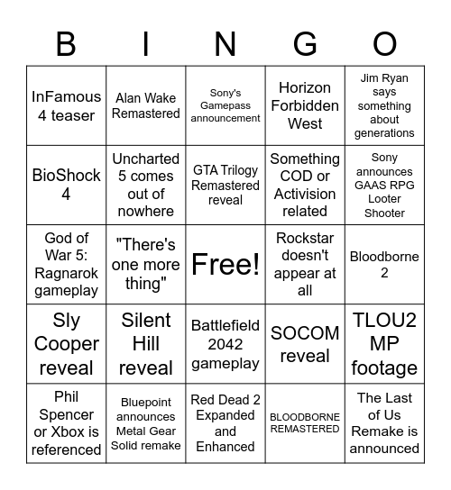 PS5 event Bingo Card
