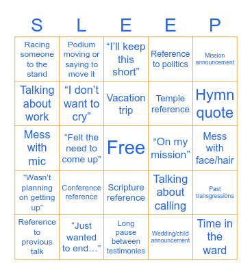 Fast Sunday Bingo Card