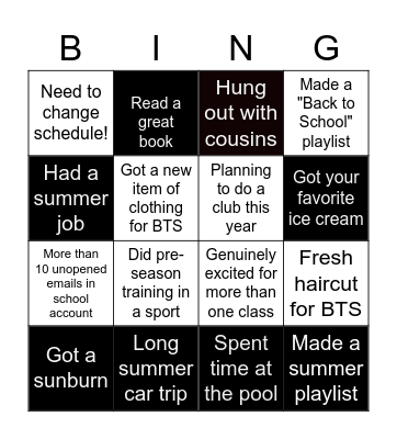 Summer/Back to School Bingo Card