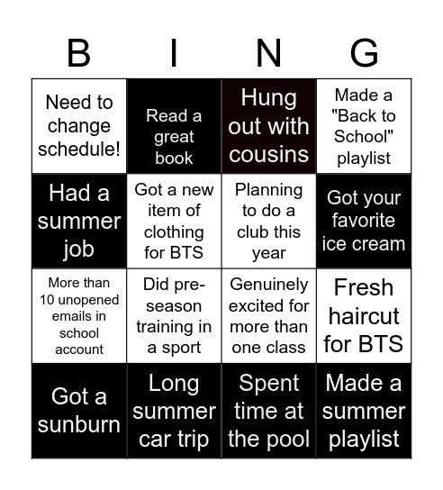 Summer/Back to School Bingo Card