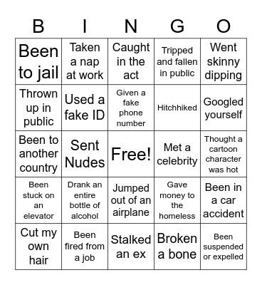 Never Have I Ever Bingo Card