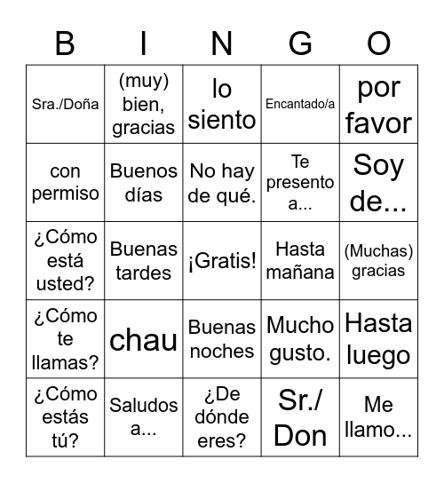 Saludos, despedidas y presentaciones Bingo Card