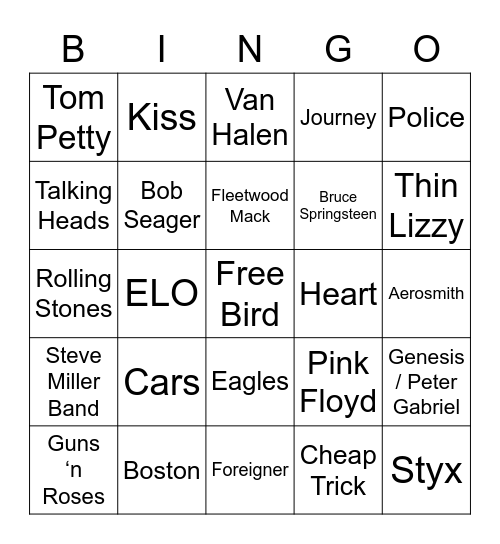 Classic Rock Bingo Card