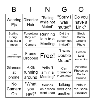 Teams Meeting Actions and Phrases Bingo Card