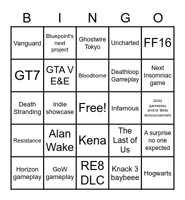Sony September Event 2021 Bingo Card