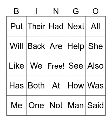 Sight Words Bingo Card